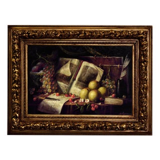 Massimo Reggiani, Still Life with Fruit, Book and Quill, 1990s, Oil Painting on Canvas, Framed For Sale