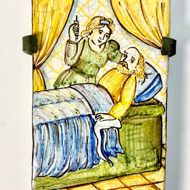 Ceramic Vintage Rustic European Mediterranean Italian Castillo Tin-Glazed Majolica Hand-Painted Tile, Iron Bracket For Sale - Image 7 of 13
