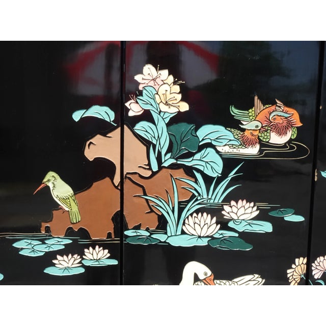 Vintage Oriental Asian Blue Coromandel Four Panel Screen Room Divider W Swans #2 For Sale - Image 9 of 12