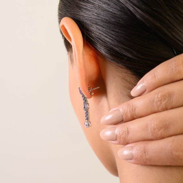 Metal Art Deco Style Oval Cut Tanzanite & Diamond Dangle Earrings in Sterling Silver - A Pair For Sale - Image 7 of 13