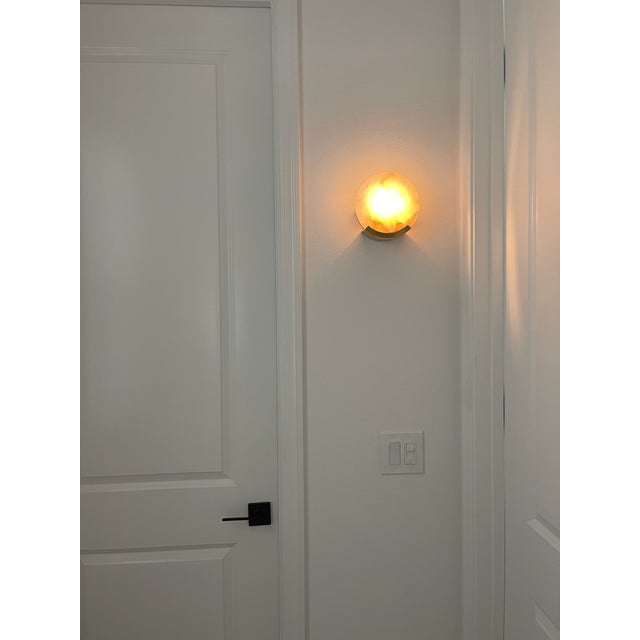 Mid-Century Modern Visual Comfort Melange Disc Alabaster & Brass Sconces (1 Pair) For Sale - Image 3 of 18
