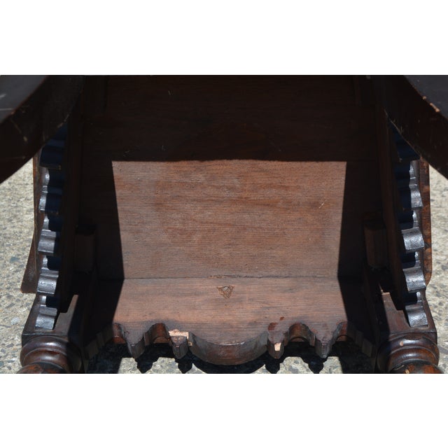 Vintage Pair Gothic Revival Carved Cathedral Arches Dark Wood Hall / Side Chairs W/ Cushions For Sale - Image 15 of 18