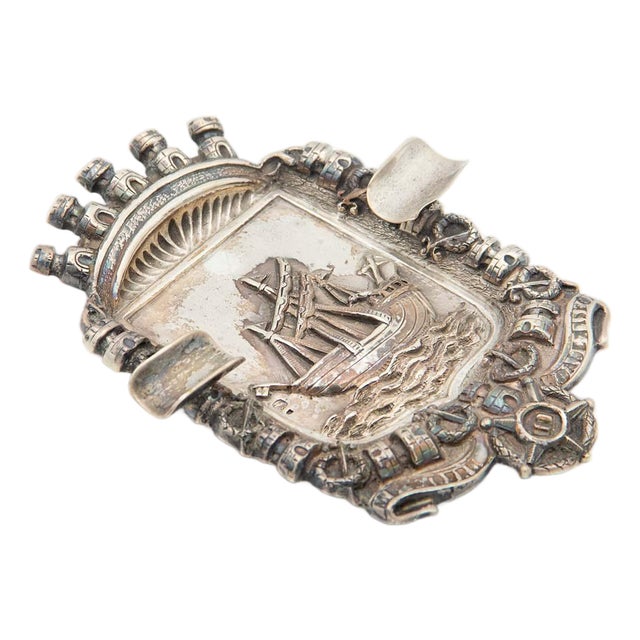 Silver Ashtray Embossed with Sailing Ship For Sale