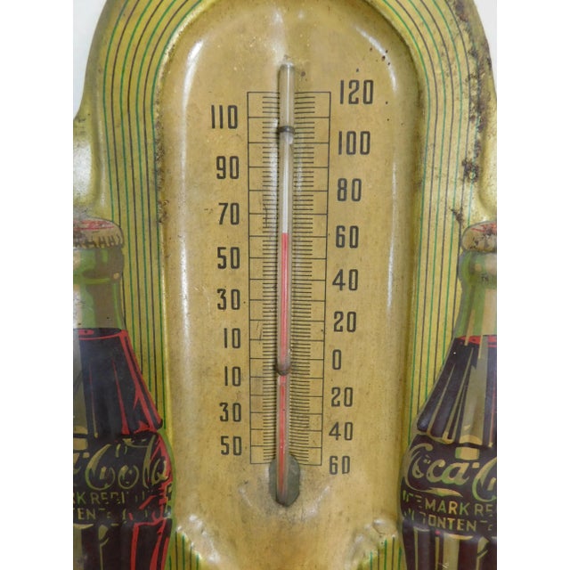 Metal 1940's Art Deco Vintage Coca Cola Embossed Tin Advertising Thermometer For Sale - Image 7 of 13