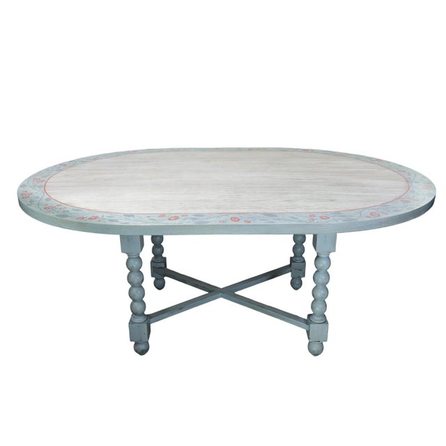 Vintage French Country Painted Oval Dining Table With Bobbin Legs and Floral Border For Sale - Image 12 of 15