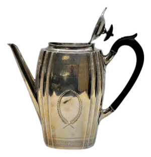 Silver Coffee Pot with Engravings on the Casing and Chestnut Wood