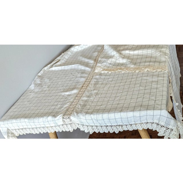 Hollywood Regency Vintage Linen Checkered Tablecloth With Crochet Details For Sale - Image 3 of 5