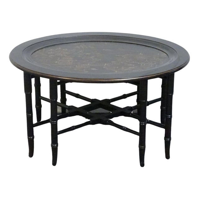 Ethan Allen Asian Inspired Faux Bamboo Black and Gold 35" Accent End Table / Serving Tray 13-8230 For Sale