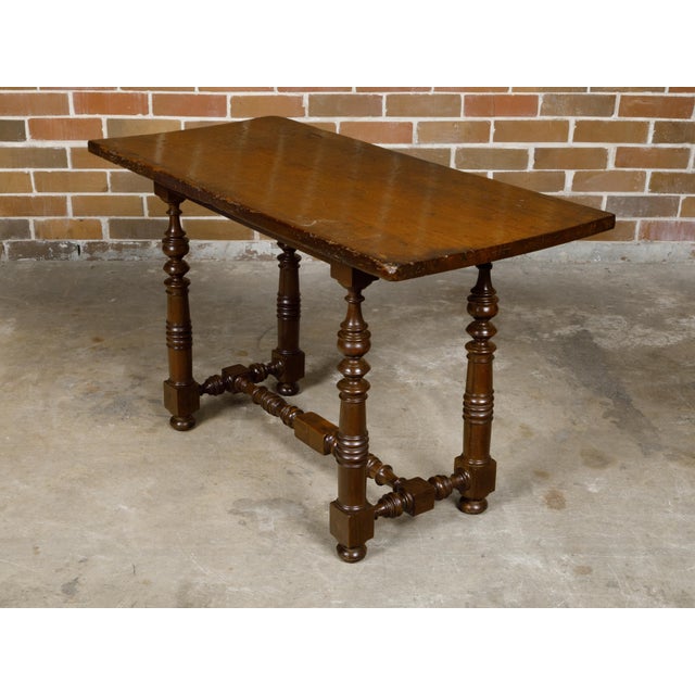 Italian 1800s Walnut Baroque Style Spool Table with H-Form Cross Stretcher For Sale - Image 4 of 12