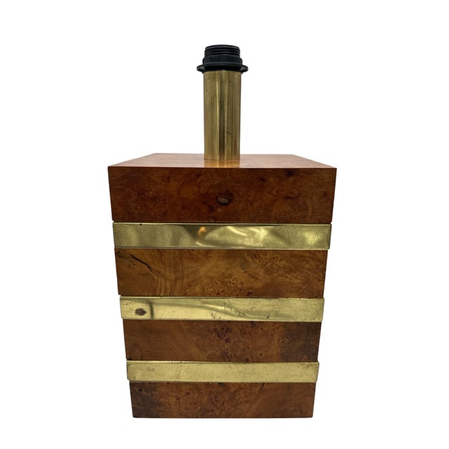 Elegant Italian table lamp crafted from walnut burl with polished brass horizontal accents. Its geometric and...