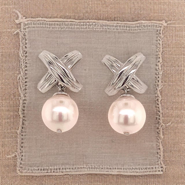 Metal Akoya Pearl Dangle Earrings 14k Gold Certified For Sale - Image 7 of 12
