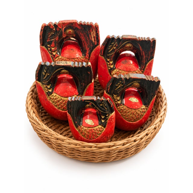 Chinese Musical Vintage Chinese Carved Wood Fish Temple Drums – Red & Gold Buddhist Wooden Fish, Graduated Set of 5 For Sale - Image 3 of 9