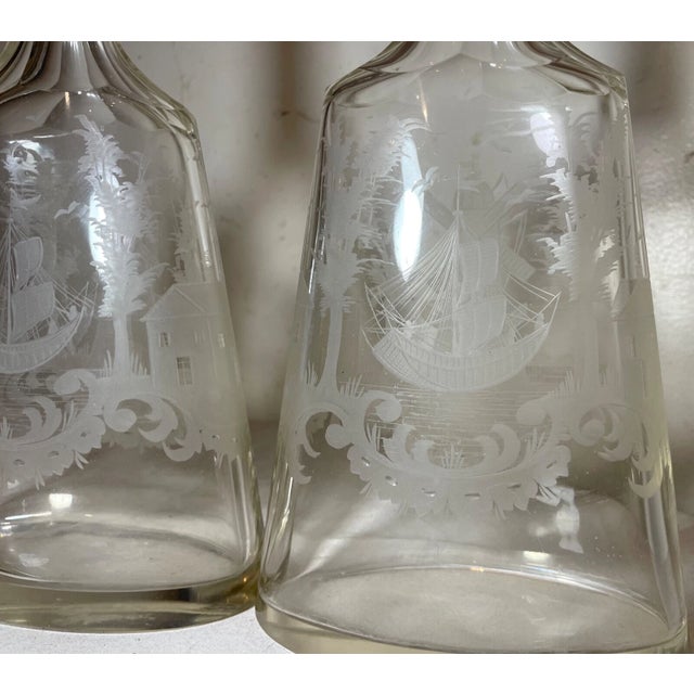 Large Antique Nautical Sailboat Cut Glass Crystal Liquor Decanter Bottles - a Pair For Sale - Image 15 of 17