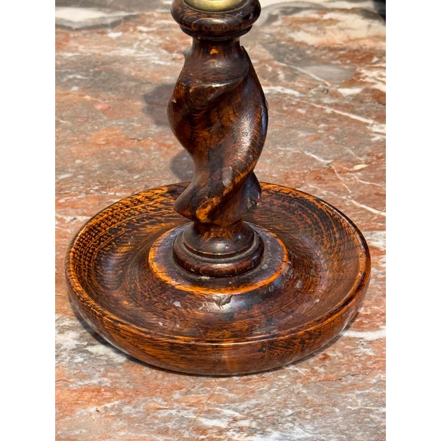 Wood Pair of Oak Barley Twist Candlesticks With Brass Sconces For Sale - Image 7 of 9