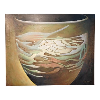 Cris Auson Large Scale Still Life Oil Painting of Mission Swirl Art Pottery Vessel For Sale