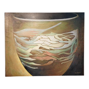 Cris Auson Large Scale Still Life Oil Painting of Mission Swirl Art Pottery Vessel