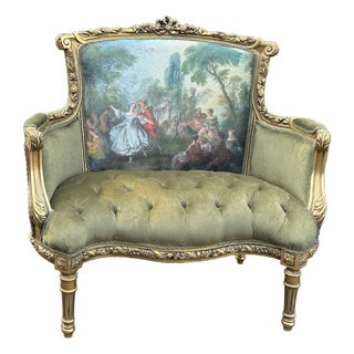 1960s Louis XVI French Loveseat Beech Velvet Green Gold For Sale
