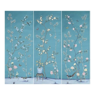 Blue Chinoiserie Floral Mural Hand Painted Wallpaper Panel - 3 Panels For Sale