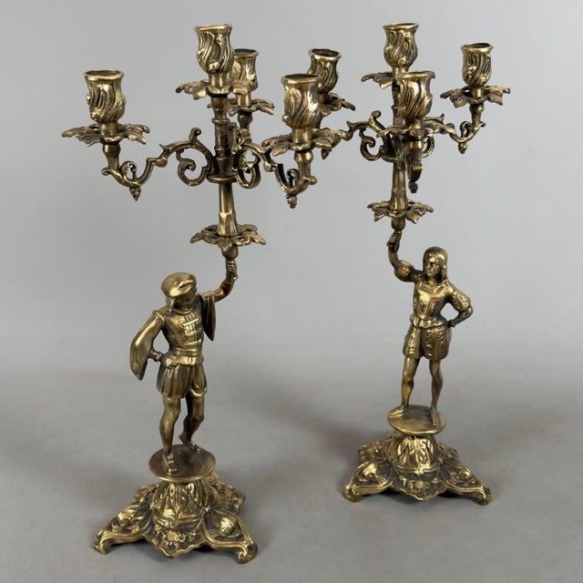 Renaissance Revival Brass Candelabras with Noble Figures, 1960s, Set of 2 For Sale - Image 15 of 15