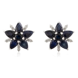 Blue Sapphire & Diamond Flower Earrings in Sterling Silver- Elegant Cluster Studs- A Pair For Sale