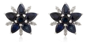 Blue Sapphire & Diamond Flower Earrings in Sterling Silver- Elegant Cluster Studs- A Pair