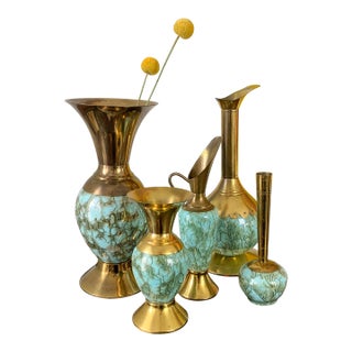1950s Dutch Delft Brass & Porcelain Decorative Vase Set of 5 For Sale