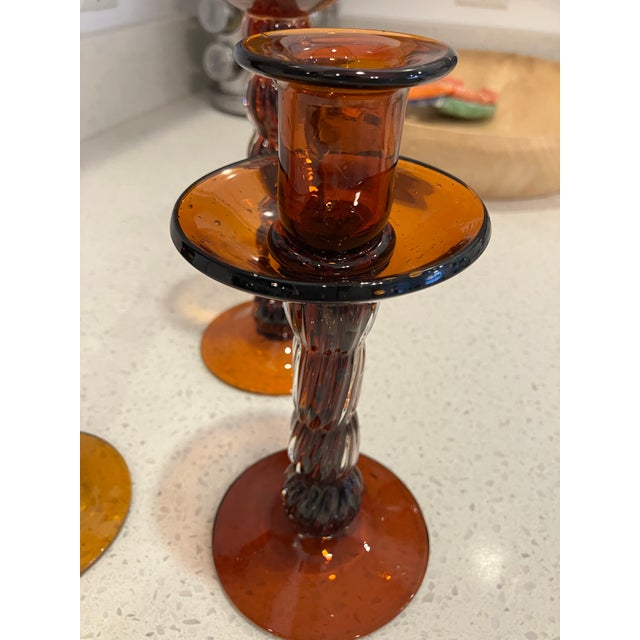 Late 20th Century Set of Three Amber Colored Glass Candlesticks For Sale - Image 5 of 7