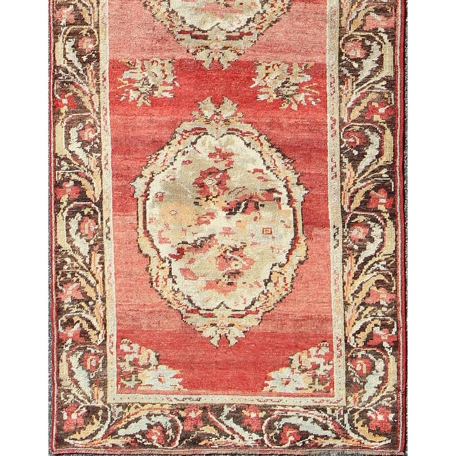Antique Turkish Oushak Runner With European Design in Red Brown and Green For Sale - Image 4 of 9