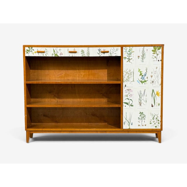 1940s Swedish Modern, Nordens Flora Bookcase, Birch, Floral Lithographs, Sweden, 1940s For Sale - Image 5 of 15