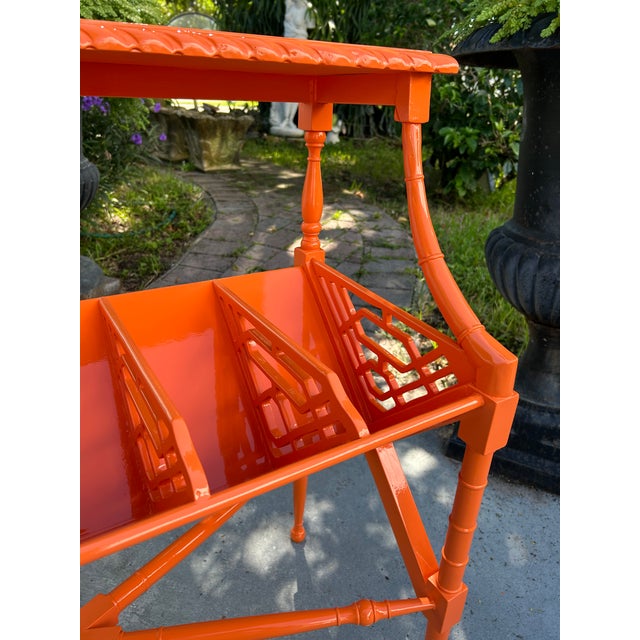 Orange 1970s High-Gloss Electric Orange Lacquered Mahogany Chinese Chippendale Magazine Stand. For Sale - Image 8 of 11