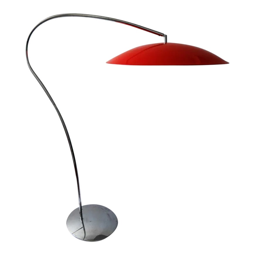 Vintage Chrome Floor Lamp With Orange Shade in the Kurt Versen Style