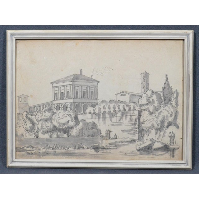 A beautiful pair of early 19th-century ink wash drawings on paper, depicting elegant architectural views of palaces or...