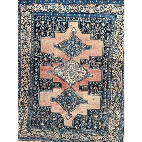 Pretty mid century Senneh rug with beautiful geometrical and tribal design and nice colours with pink, orange, navy blue,...