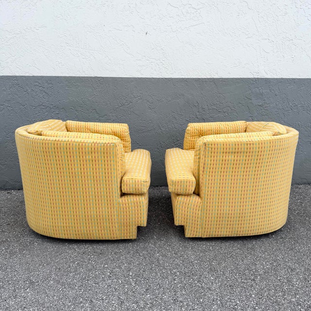 Vintage Mid Century Yellow Tufted Swivel Barrell Chairs With Pink Purple and Blue Stripes - A Pair For Sale - Image 9 of 12