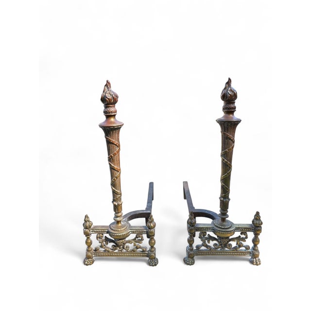 Andirons Louis XVI Style Flame Torch Antique Brass a Pair For Sale - Image 6 of 12