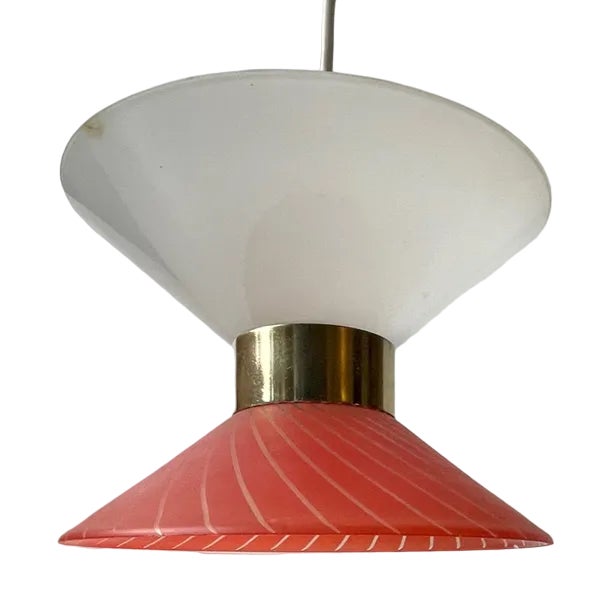 Danish Modernist Diablo Red and White Glass Pendant Light with Brass Disc, 1970s For Sale