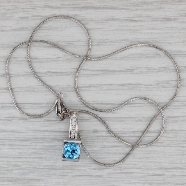 2010s 4.77ctw Blue Topaz Diamond Pendant Necklace 14k White Gold 16" Snake Chain For Sale - Image 5 of 6