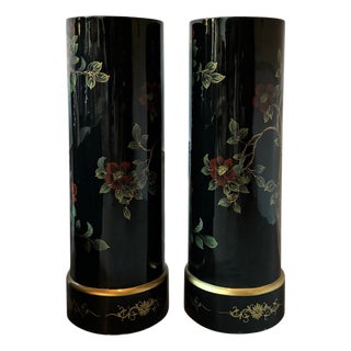Pair of Chinoiserie Black Lacquer Cylindrical Pedestals For Sale