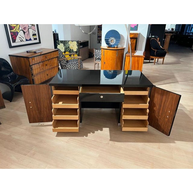 Art Deco Desk in Black Lacquer, Walnut & Metal, France, 1930s-1940s For Sale - Image 3 of 18