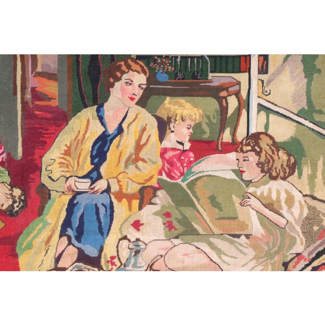 Victorian Style Framed Needlepoint Depicting a Family Parlor Scene For Sale - Image 9 of 9