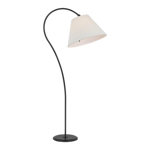 Amber Lewis for Visual Comfort Signature Dume Large Arched Floor Lamp in Aged Iron with Linen Shade For Sale