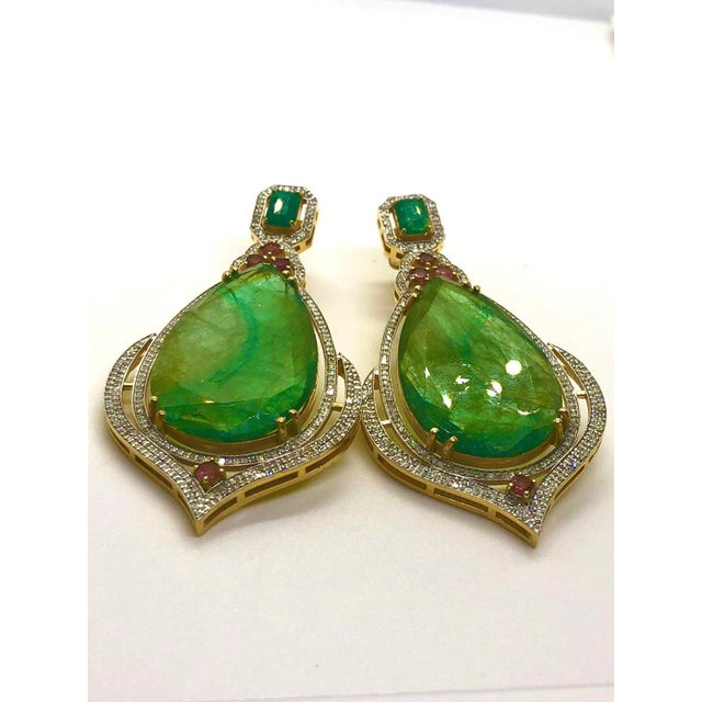 Bochic “Capri” Vintage Emerald, Tourmaline & Diamond Earrings Set In 18K Gold & Silver For Sale - Image 11 of 13