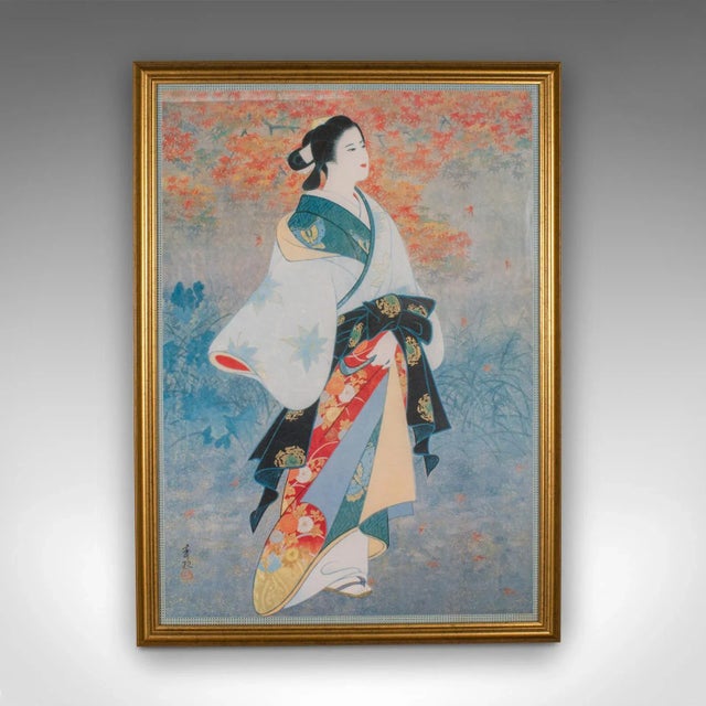 This is a vintage geisha print. A Japanese, gilt framed female figure from the late Art Deco period, circa 1950. Evocative...