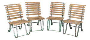 Antique 19th Century Victorian Wrought Iron & Wood Garden Seats, 1890, Set of 4