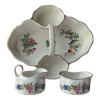 Circa 1960 Aynsley Bone China Pembroke Cottage Garden Basket With Creamer & Sugar Set- 3 Pieces For Sale