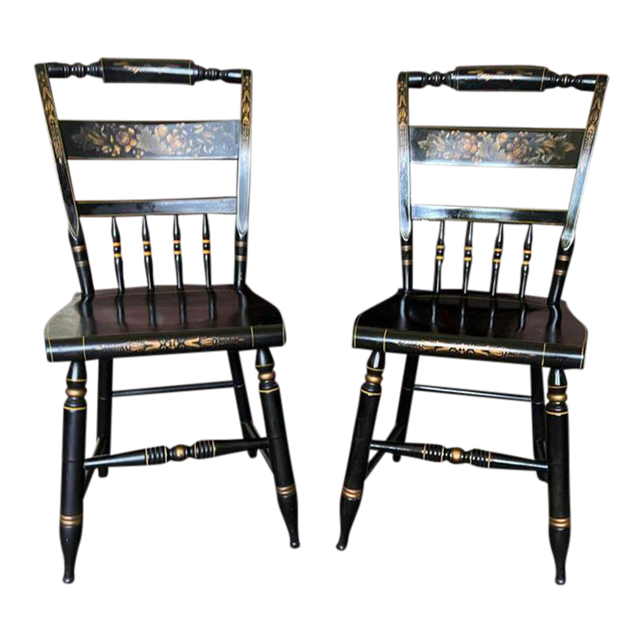 Pair of Vintage Black L Hitchcock. Stencil Decorated Ebonized Wood