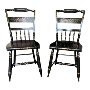 Pair of Vintage Black L Hitchcock. Stencil Decorated Ebonized Wood Side Chairs