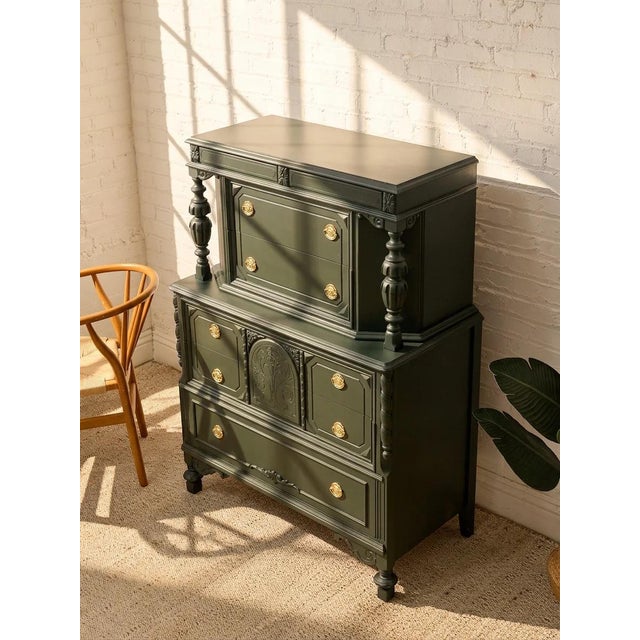 Antique Hunter Green Highboy Dresser With Ornate Carved Details For Sale - Image 4 of 11