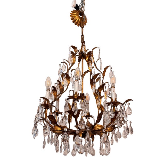 Vintage Italian Gilt Tole Crystal Chandelier For Sale
