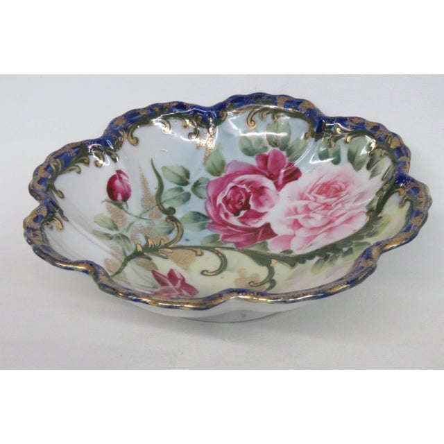Japanese Nippon Porcelain Bowl Made in Japan Hand Painted Roses With Blue Gold Trim 4984b For Sale - Image 3 of 11
